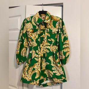 FARM green and yellow banana romper with perfect pockets and flattering waist.